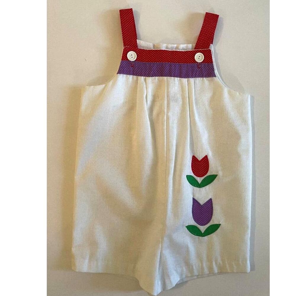Coming Thing White Red Green Tulip Applique Polka Dot‎ Button Overalls Size 6